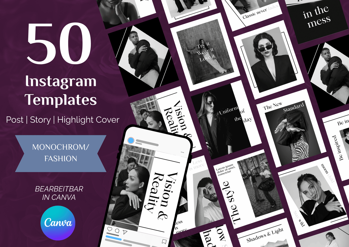Monochrome Instagram Templates mit minimalistischer Typografie für Fashion- und Luxusmarken.
