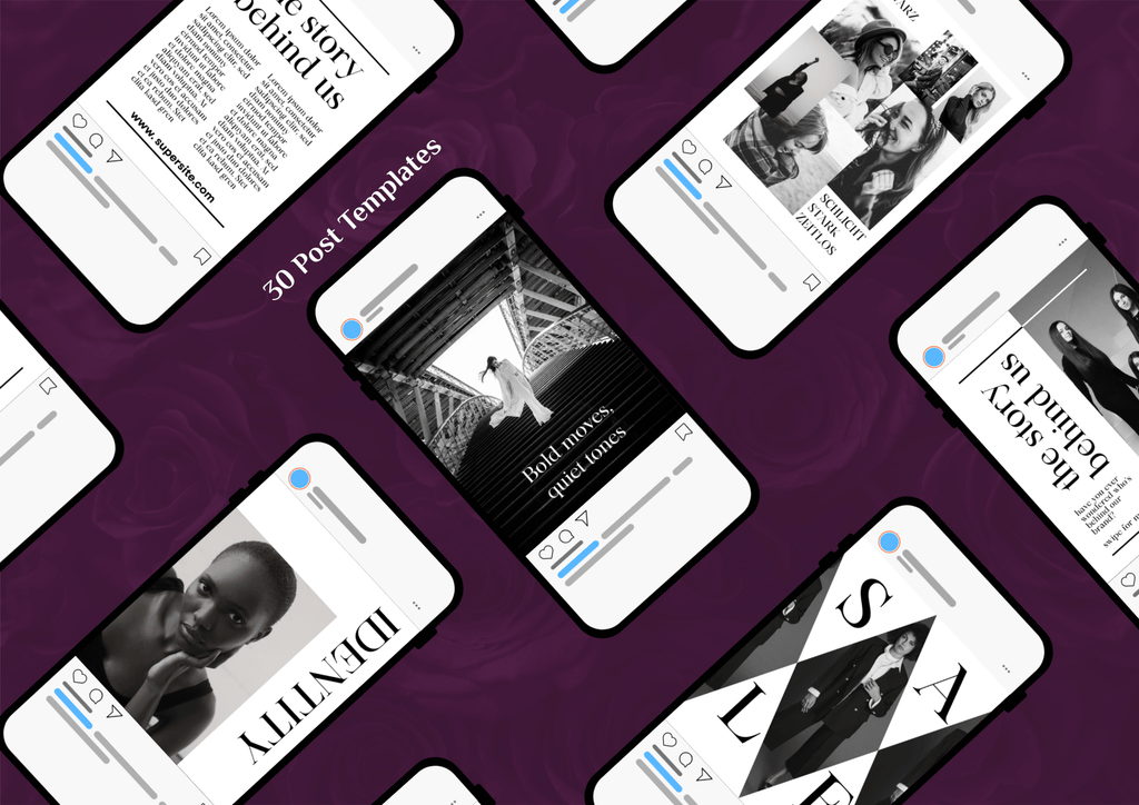 Übersicht monochromer Instagram Post Vorlagen im reduzierten Editorial Design.