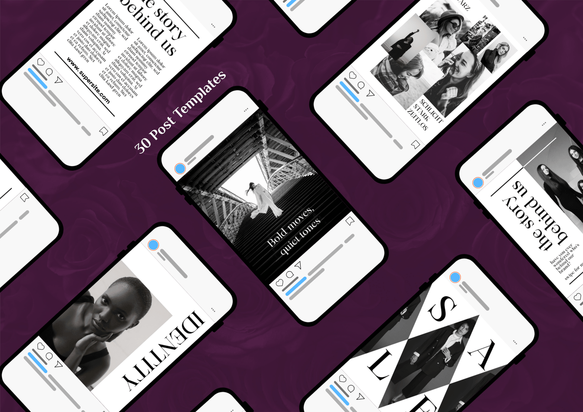Übersicht monochromer Instagram Post Vorlagen im reduzierten Editorial Design.