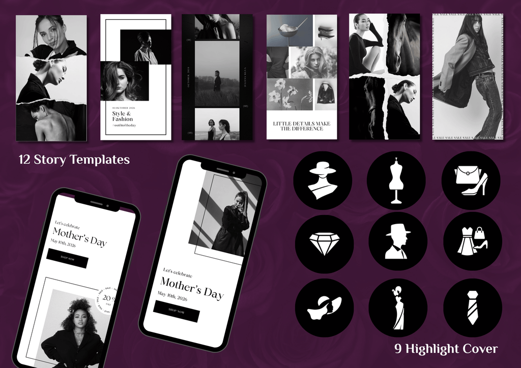 Digitales Instagram Template Bundle in Schwarz-Weiß für einen minimalistischen und professionellen Social Media Auftritt.